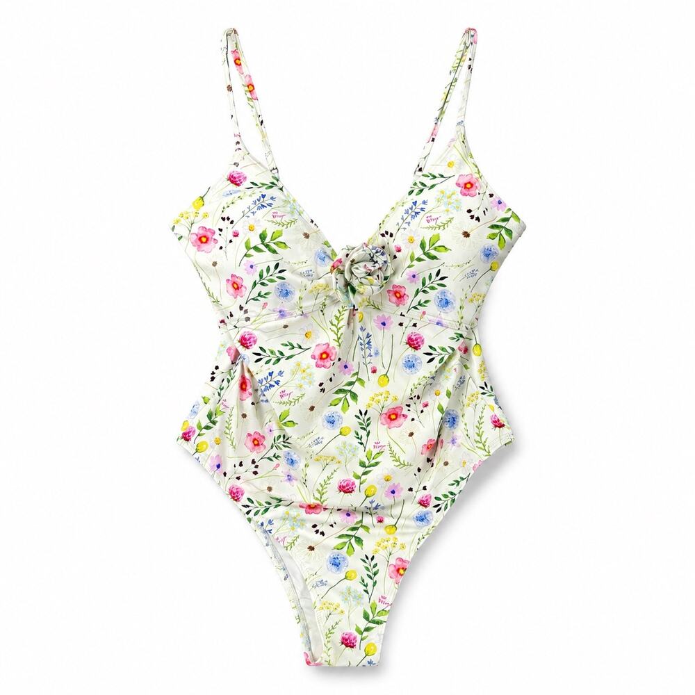 Betsey Johnson Floral One Piece Swimsuit L NWOT Rosette Cottagecore Retro Pinup